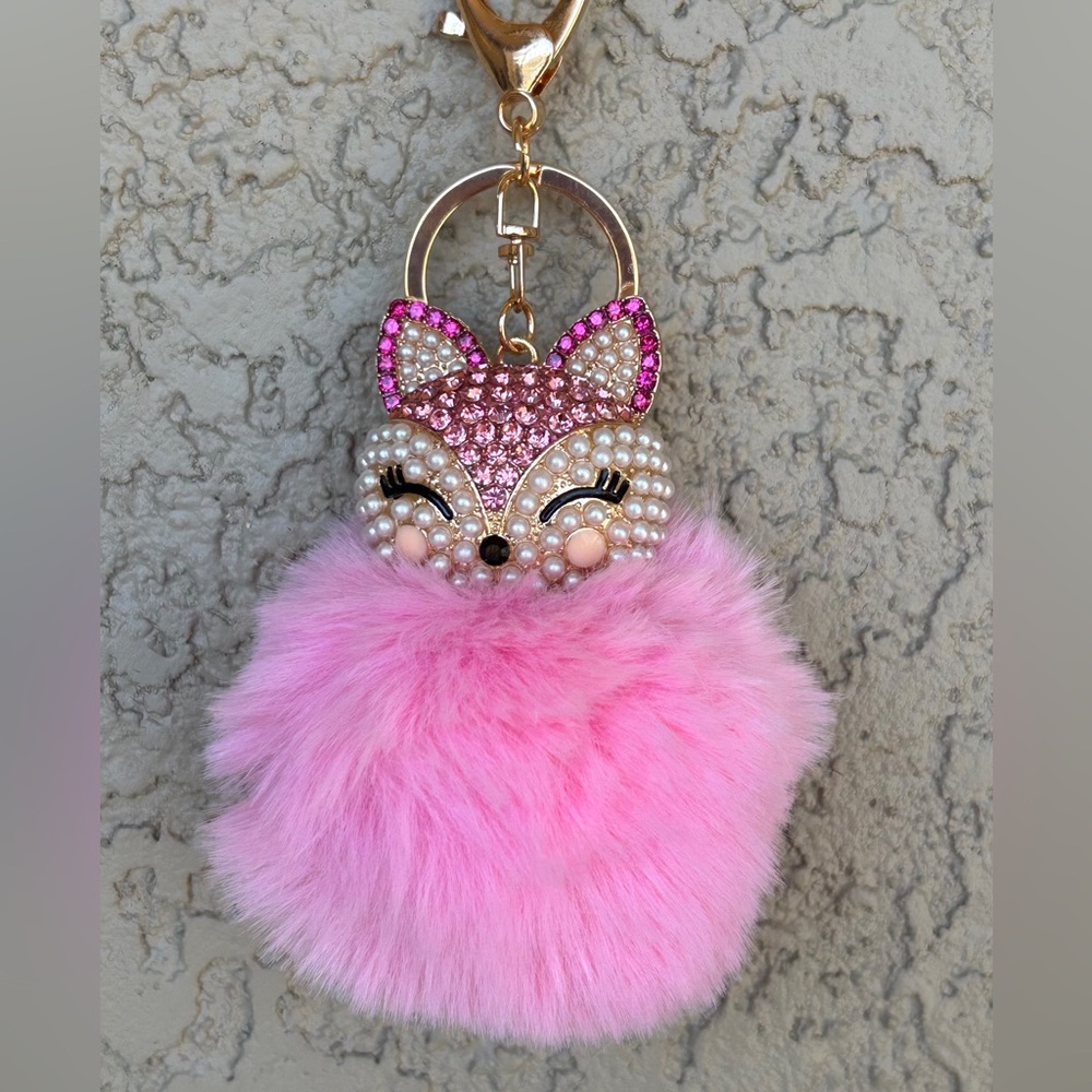 Bougie Pink Rhinestone Fox Head & Fur Keychain/Bag Charm